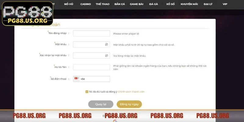 Hướng dẫn tạo nick cá cược tại PG88 